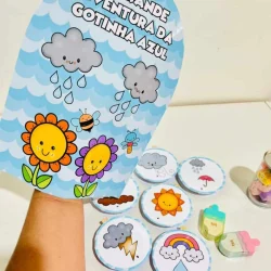 Atividades educativas com a Gotinha Azul e elementos do clima.