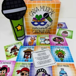 Caixa musical com tema de Carnaval e cartas ilustradas de personagens carnavalescos.