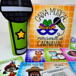 Caixa musical com tema de Carnaval e máscara colorida.