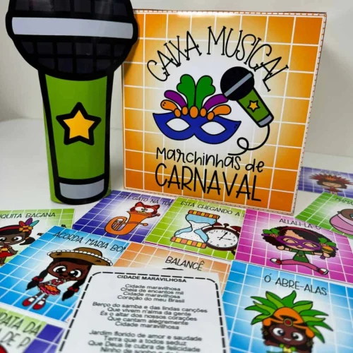Caixa musical com tema de Carnaval e máscara colorida.