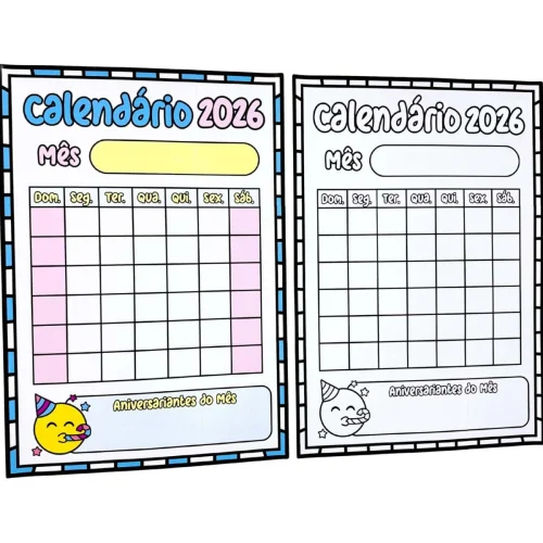 Calendário 2026 com espaço para anotações mensais e aniversariantes.