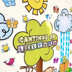Ilustração de desenhos infantis com tema de leitura e natureza.