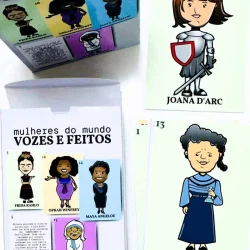 Ilustrações de mulheres famosas em cartas educativas.