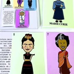 Ilustrações de mulheres famosas com nomes e características distintas.