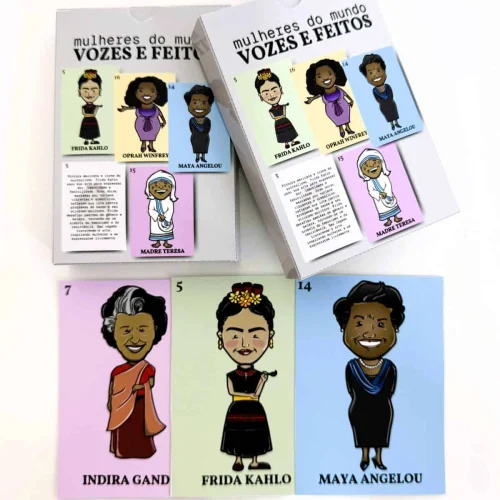 Ilustrações de mulheres famosas do mundo com cartas educativas.