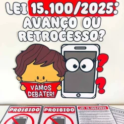 Ilustração de criança e celular com perguntas sobre avanço ou retrocesso.