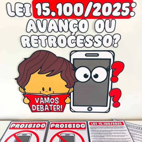 Ilustração de criança e celular com perguntas sobre avanço ou retrocesso.