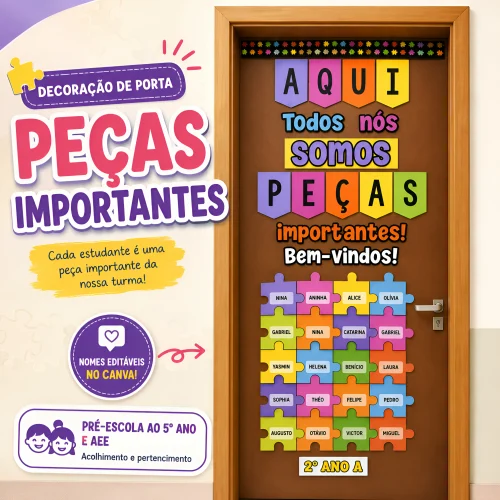 Decoração de porta com peças coloridas e nomes de estudantes do 2º ano A.