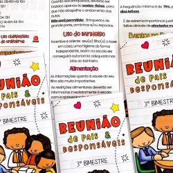 Reunião de pais e responsáveis na escola com crianças e professores.