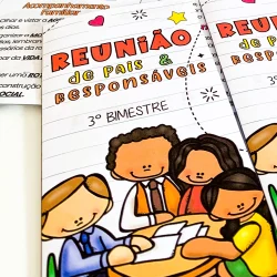 Capa de caderno de reunião de pais com crianças e responsáveis.