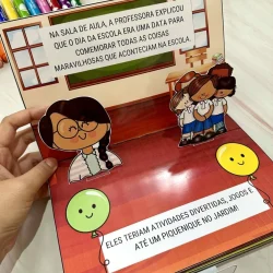 Cena de sala de aula com crianças e livro 3D comemorando o dia escolar.