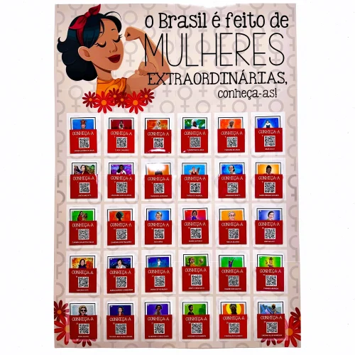 Cartaz interativo com QR codes de mulheres brasileiras extraordinárias.