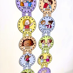 Círculos coloridos com ações de convivência e respeito.