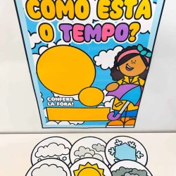 Painel educativo sobre o tempo com personagem infantil e clima variado.