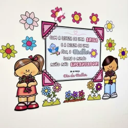 Painel decorativo com flores, crianças e mensagem para o Dia da Mulher.