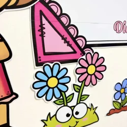 Material educativo para o Dia da Mulher com desenhos de flores e uma régua.