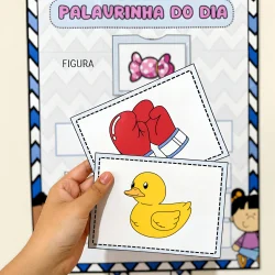 Cartaz educativo com figuras de doces e animais para crianças.