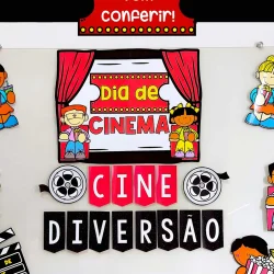 Cartaz de evento de cinema com crianças e elementos de cinema.