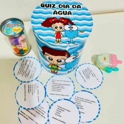 Caixa de quiz com tema Dia da Água e personagens infantis coloridos.