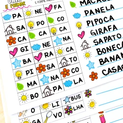 Atividades educativas com palavras, imagens e símbolos para crianças.