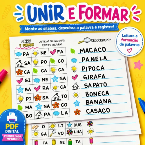 Atividades educativas para crianças com palavras e figuras.
