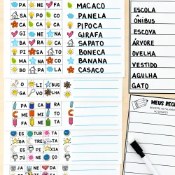 Atividades de leitura com palavras, imagens e desenhos para crianças.