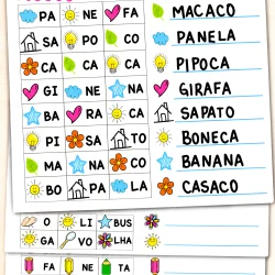 Atividades educativas de associação de palavras com figuras e letras.