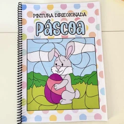 Caderno de pintura com coelho e ovo de Páscoa para atividades educativas.
