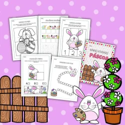 Atividades de Páscoa com coelhos e ovos de chocolate para crianças.