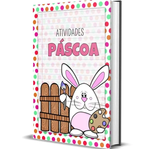 Caderno de atividades de Páscoa com coelho e ovos de chocolate.