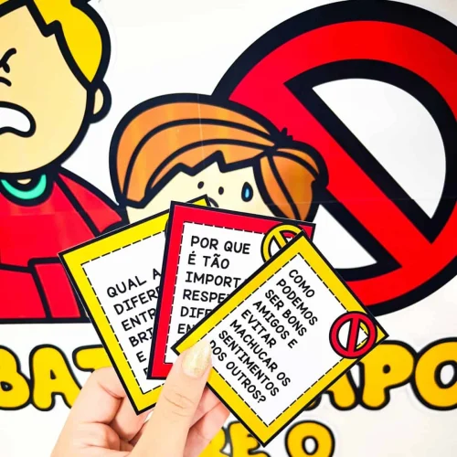 Cartões educativos sobre respeito e bullying em ambiente escolar.