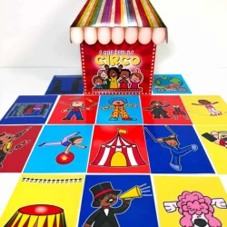 Jogo de tabuleiro com tema de circo e personagens divertidos.