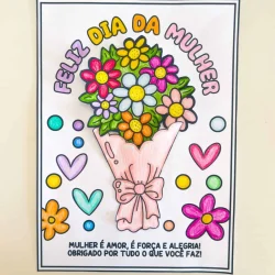 Cartão comemorativo do Dia da Mulher com flores e mensagens de amor e força.