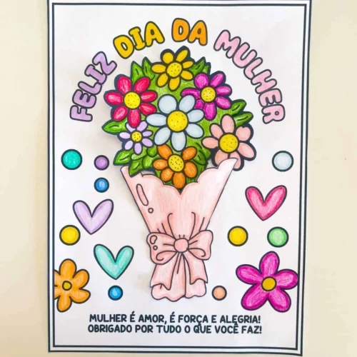 Cartão comemorativo do Dia da Mulher com flores e mensagens de amor e força.