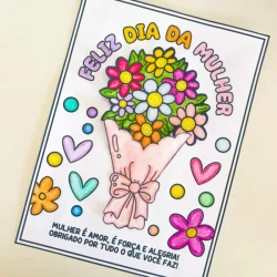 Cartão Dia da Mulher com flores, coração e mensagem de agradecimento.