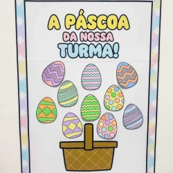 Cartaz de Páscoa com ovos decorados e cesta de ovos coloridos.