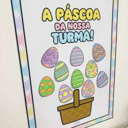 Cartaz de Páscoa com ovos decorados e cesta de ovos coloridos.