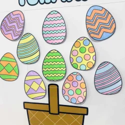 Ovos de Páscoa decorados em uma cesta com tema de Páscoa.
