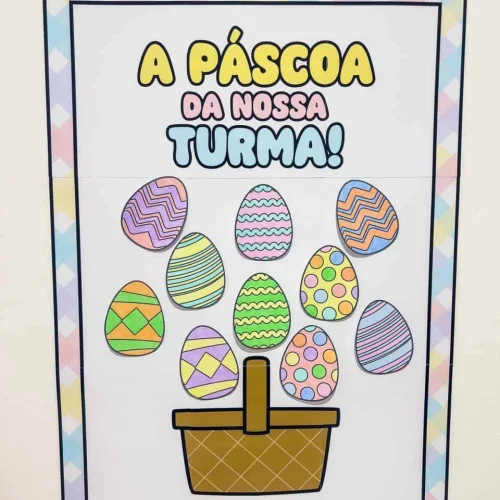 Cartaz de Páscoa com ovos decorados e cesta de ovos coloridos.
