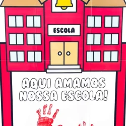 Cartaz escolar com mensagem de amor e mãos pintadas para o Dia da Escola.