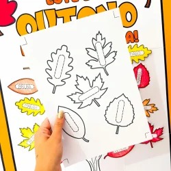 Atividades de outono com folhas e desenhos para crianças.