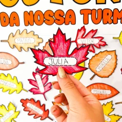 Cartaz com folhas de outono coloridas e nomes de alunos.
