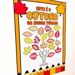 Cartaz com folhas de outono coloridas e mensagem sobre o outono na turma.