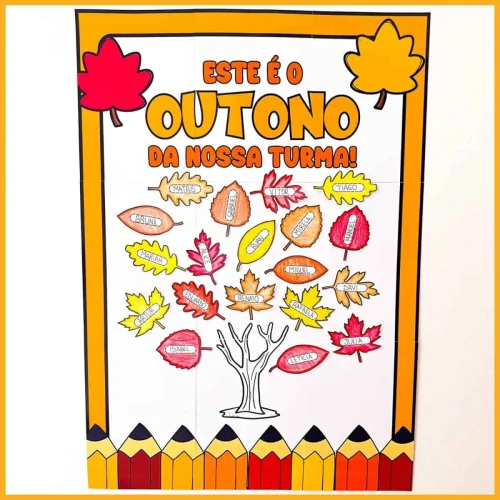 Cartaz com folhas de outono e nomes de alunos da turma.