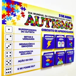Painel informativo sobre autismo e inclusão com atividades educativas.
