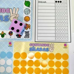 Atividades educativas de contagem de sílabas com imagens coloridas.