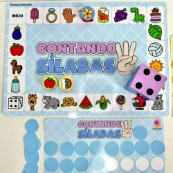 Jogo de contar sílabas com imagens e dado para crianças.