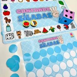 Jogo de contar sílabas com dados e figuras para crianças.