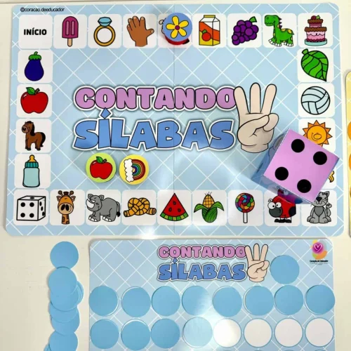 Jogo de contar sílabas com imagens e dado para crianças.