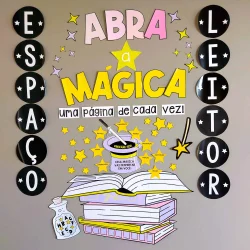 Decoração de espaço leitor com estrelas, livros e tema mágico para incentivo à leitura.